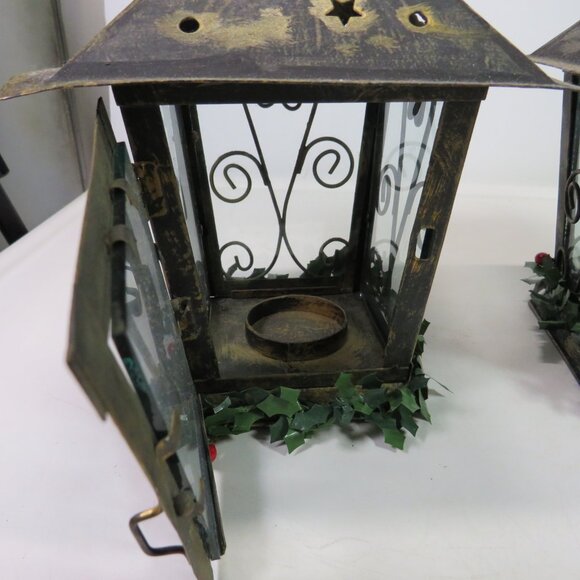 Metal (2) Lanterns Rustic Star cutouts (Holly removable) Glass inserts Door open - Picture 3 of 8